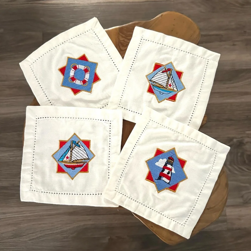 Vintage Embroidered Cocktail Napkins NEW Nautical Sailing Boats Retro MCM‎ Ocean